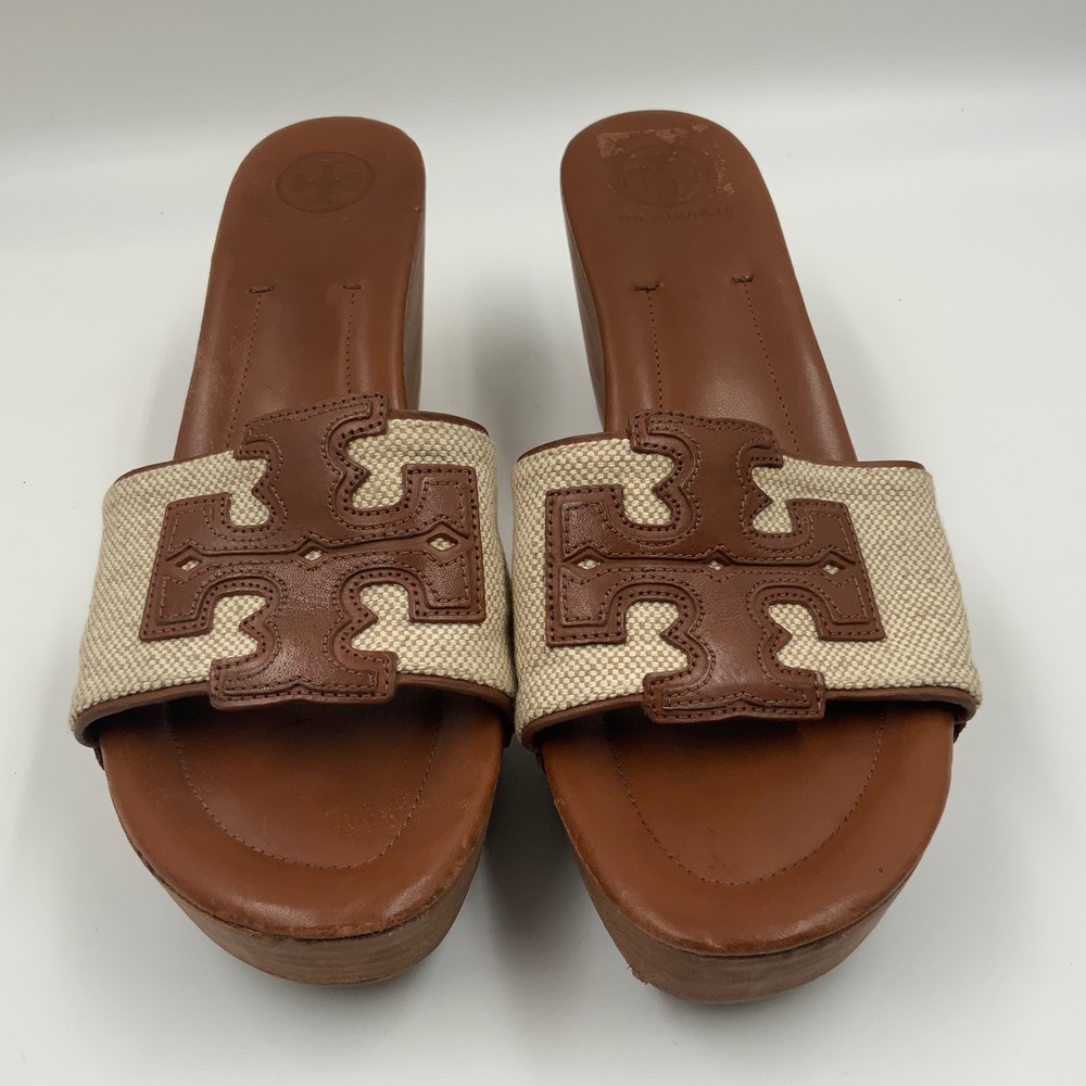 Tory Burch Miller Canvas Leather Platform Wedge Sandals Brown Tan 10.5M